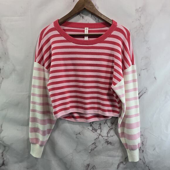 Anthropologie Sweater Women XS Pink White Striped Daily Crop Drop Shoulder - Picture 1 of 10